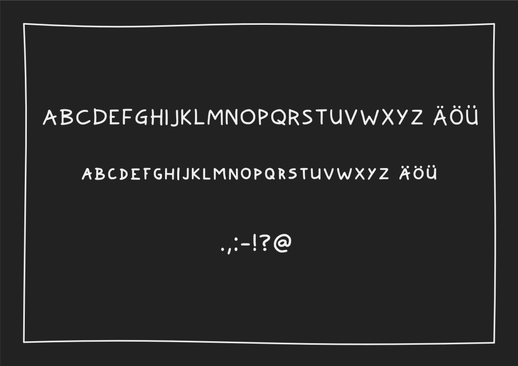 Das Alphabet und einige Sonderzeichen sind in einer Reihe aufgelistet. Die Schriftart ist einfach gehalten, sieht aber ein wenig nach einer Handschrift aus. Durch das Großschreiben der kleinen Buchstaben wirkt die Schrift sehr anklagend.