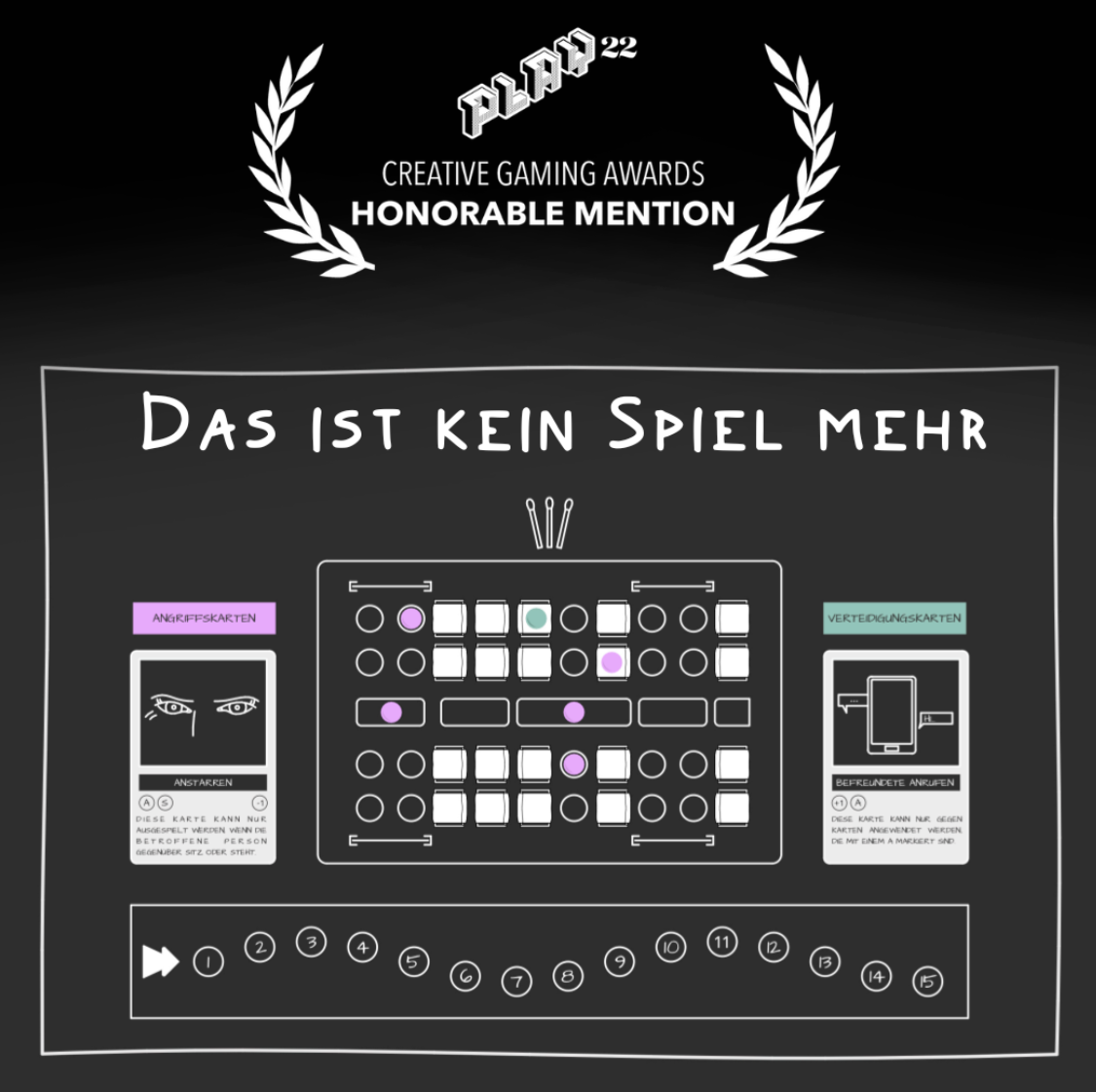 Das Play Festival hat für einen Instagram Post eine Präsentationsfolie von "Das ist kein Spiel mehr" verwendet. Im der unteren Bildhälfte ist das Brettspiel gezeichnet und darüber ist eine Markierung zu sehen, die darauf hinweist, dass dieses Projekt mit einer "honorable Mention" ausgezeichnet wurde.