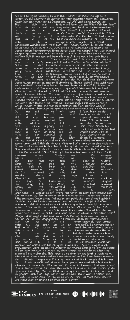 Der Schriftzug "Das ist kein Spiel mehr" wird auf einem 2 Meter langen Roll-Up durch Sprüche aus Belästigungssituationen gebildet. 