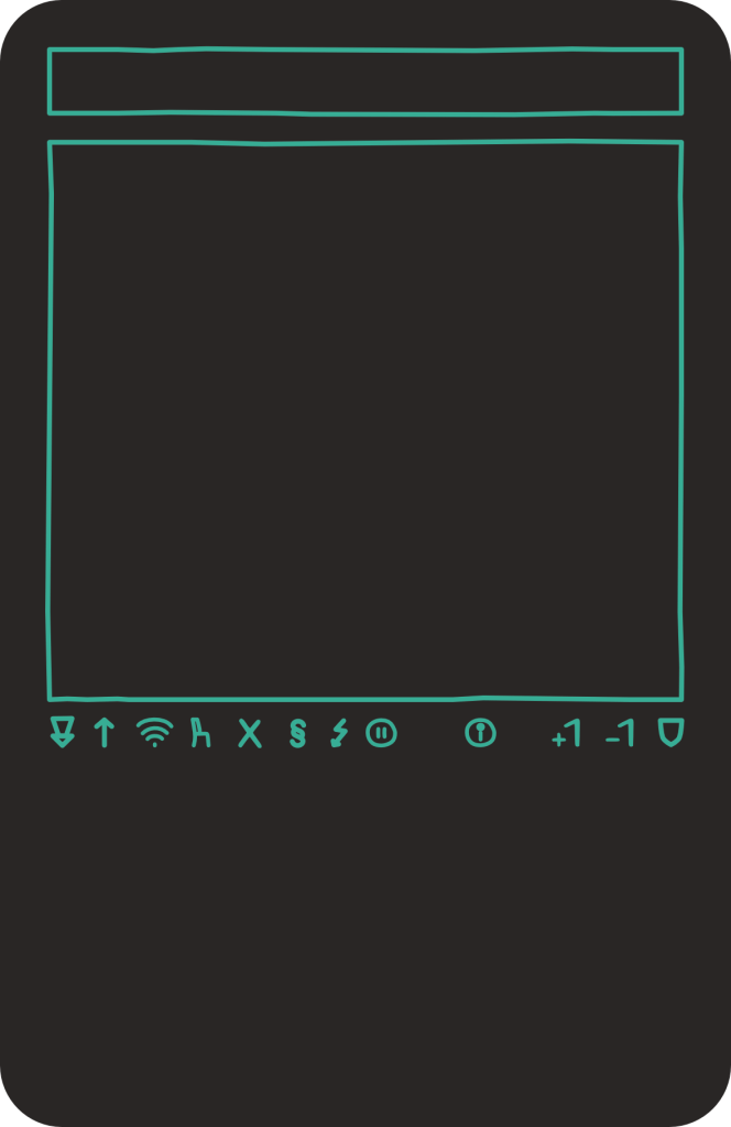 Eine leere Karte zeigt Symbole, die unter leeren Rahmen für ein Bild und einen Titel die Spielregeln darstellen.