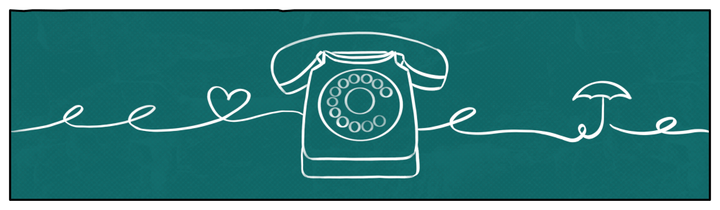 Eine Strichzeichnung zeigt ein Telefon. Das Ladekabel wickelt links davon ein Herz und rechts davon einen Regenschirm.