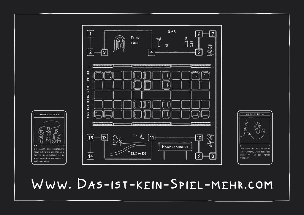 Das Spielbrett und zwei Karten aus dem Spiel "Komm gut nach Hause" werden gezeigt. Die Verteidigungskarte trägt den Titel "Fremde greifen ein", die Angriffskarte trägt den Titel "ins Ohr flüstern".