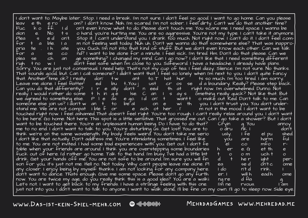 Der englische Schriftzug "No means No" wird durch Lücken in kleiner geschriebenen Sätzen gebildet. Diese über hundert englische Sätze zeigen Wege auf wie alternativ Nein gesagt und verstanden werden kann.