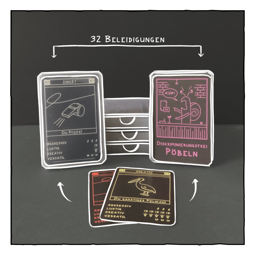 Das Quartett ist in einer durchsichtigen Plastikbox verpackt. Eine Karte zeigt die Beleidigung "garstiger Pelikan".