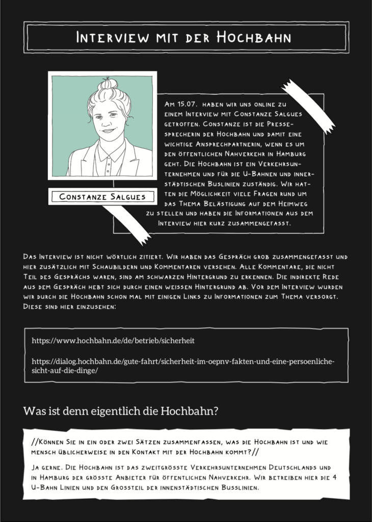 Es ist ein Screenshot der ersten Seite der PDF Datei zum Interview zu sehen. Eine Skizze zeigt Constanze Salgues, die Pressesprecherin der Hochbahn. 