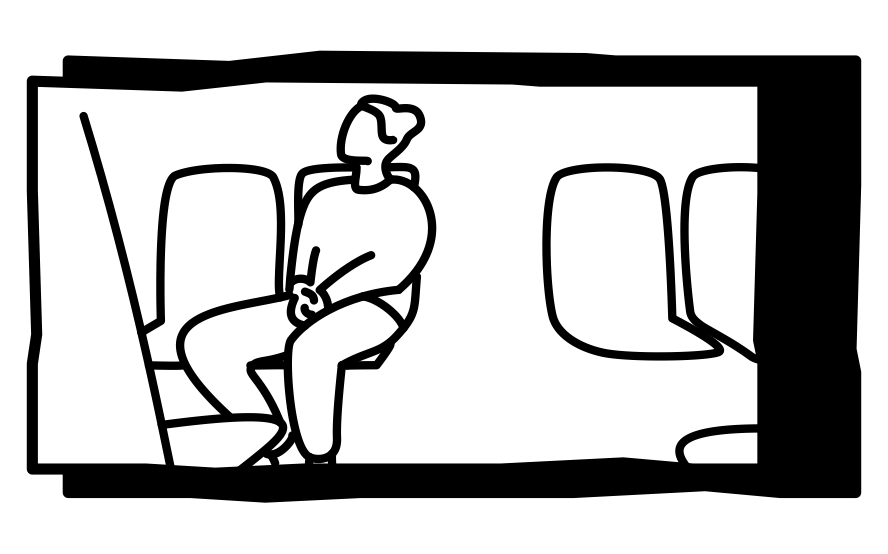 Eine Strichzeichnung zeigt eine Person, die alleine in dem Vierer-Sitzplatz einer U-Bahn sitzt.