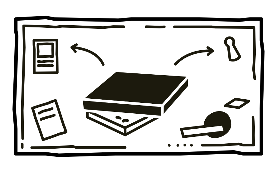 Skizzenartig werden die Inhalte der Brettspielbox gezeigt: Sticker, Karten, Figuren und eine Anleitung.