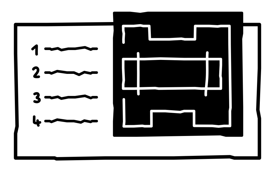 Das Spielbrett sehr grob als Strichzeichnung nachgezeichnet. Eine Linie stellt einen Fahrplan dar, ein Viereck den Grundriss einer U-Bahn.