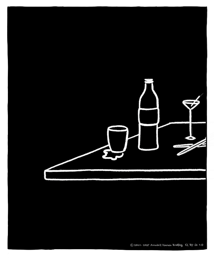 Eine Strichzeichnung in weiß auf schwarz zeigt ein paar leere Getränke auf einem Tisch.