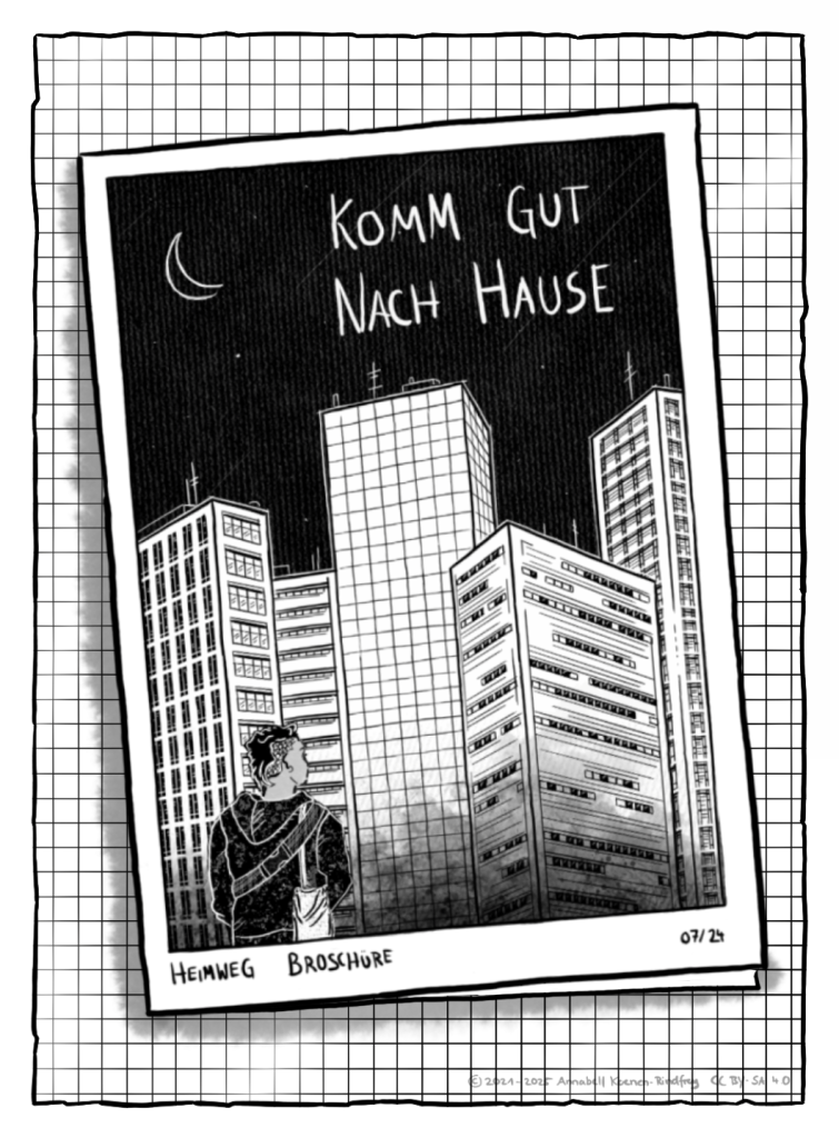 Ein Heftchen liegt Quer auf einem karierten Stück Papier. Auf dem Heftchen ist eine eine Großstadt bei Nacht gezeichnet. Eine Person steht alleine im Nebel vor den Gebäuden.