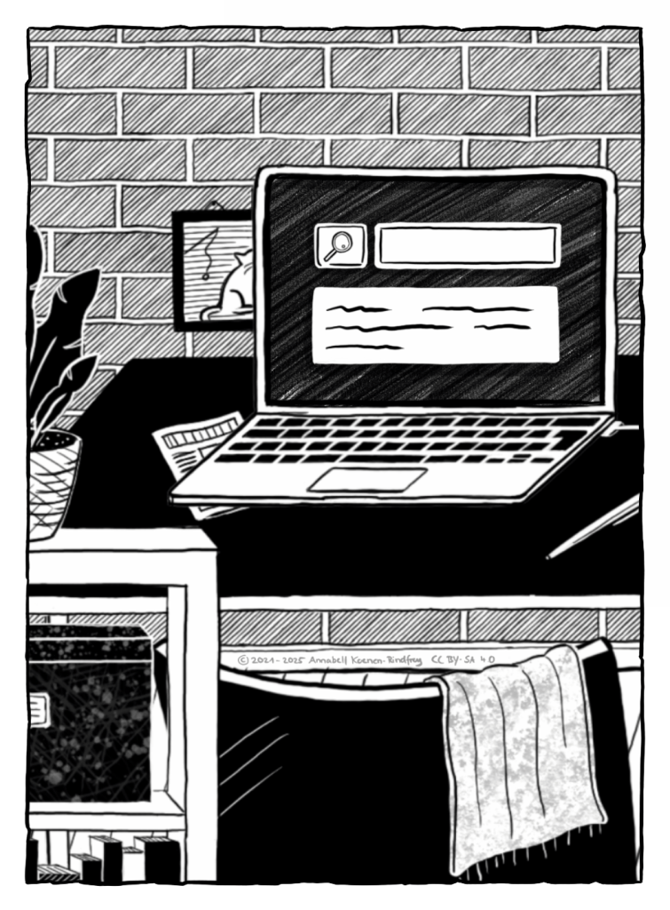 Eine Zeichnung in schwarz weiß zeigt einen Schreibtisch, auf dem ein Laptop steht. Auf dem Bildschirm erkennt man eine Suchleiste und einen Text.