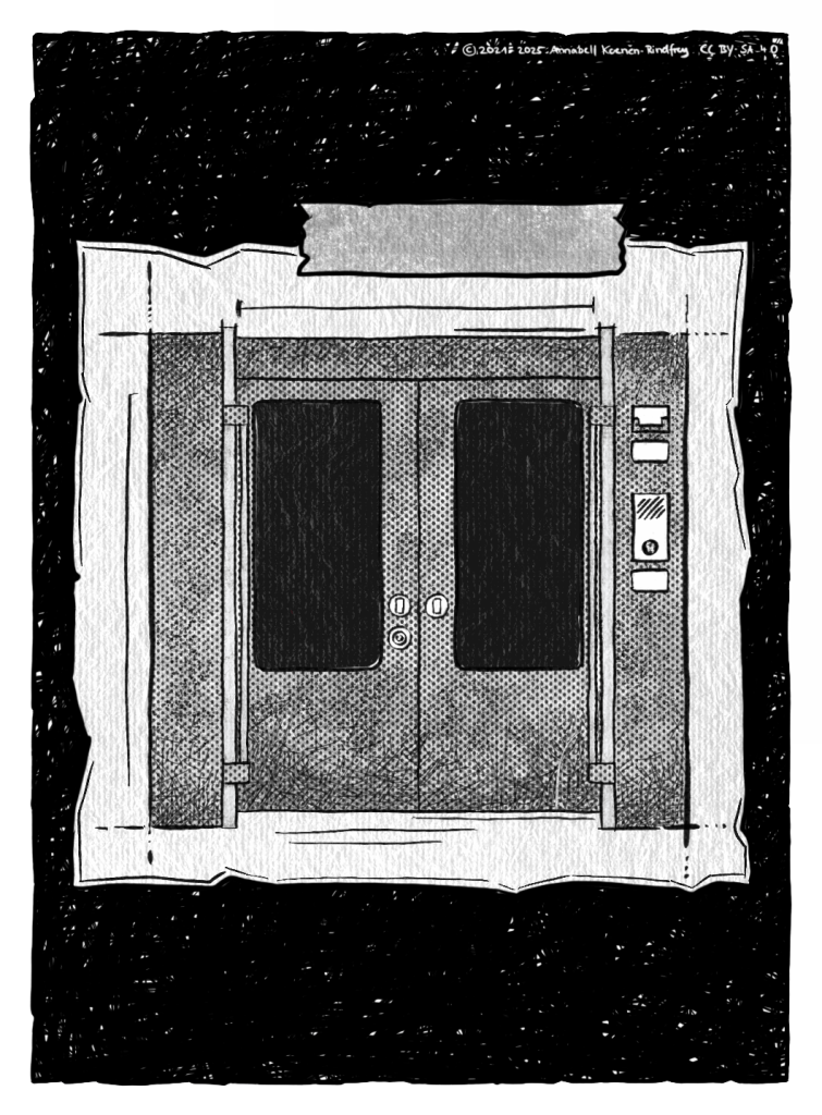 Eine Skizze auf einem abgerissenen Stück Papier zeigt die Tür einer U-Bahn.