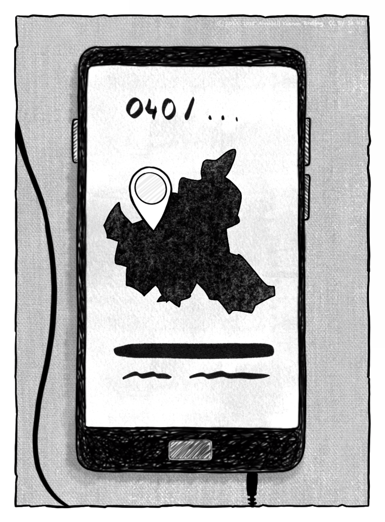 Eine Zeichnung zeigt ein Handy, auf dem eine Karte, eine Handynummer und ein Symbol für einen Standort angedeutet sind.