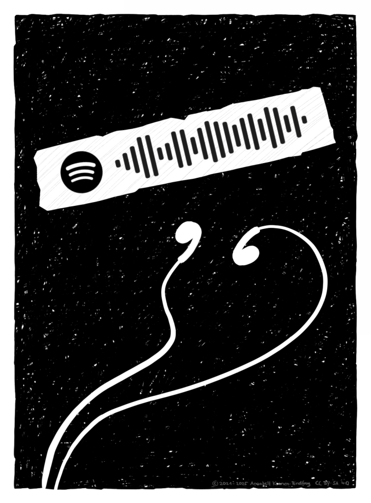 Weiße Kopfhörer liegen auf einer schwarzen Oberfläche. Ein abgerissener Zettel liegt quer darüber. Auf dem Zettel ist ein Spotify Link gezeichnet.