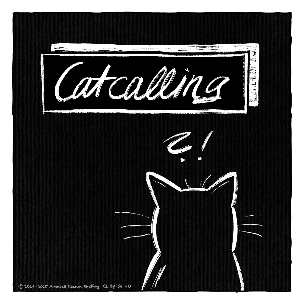 Weiße Kreidezeichnung auf schwarzem Hintergrund. Eine Katze schaut verwundert auf ein Schild, auf dem Catcalling steht.