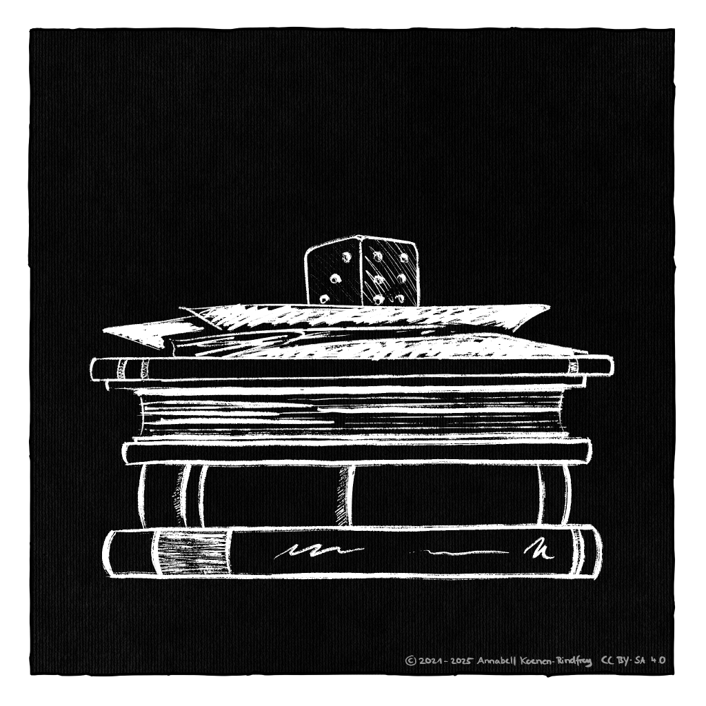 Kreide Zeichnung eines Bücherstapels, auf dem ein Würfel liegt.