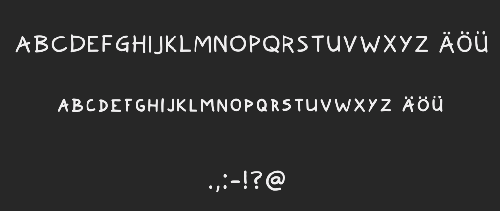 Alle Buchstaben des Alphabets und einige Satzzeichen sind in drei Reihen ausgeschrieben. Die Schriftart ist handgeschrieben, besteht nur aus Großbuchstaben und ist nicht verschnörkelt.