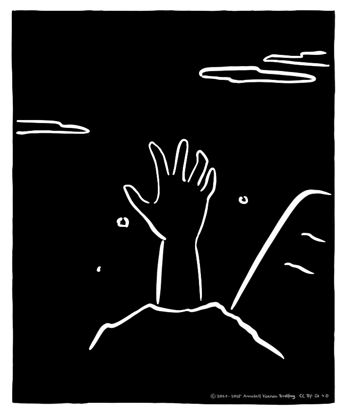 Eine Hand ragt aus einem Hügel Erde heraus. Daneben ragt ein Grabstein zur Seite. 