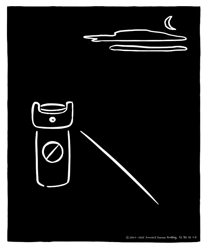 Skizze einer Dose, auf der ein durchgestrichener Kreis abgebildet ist. Ein Strich davor deutet einen Sprühstrahl an. Darüber scheint der Mond über ein paar Wolken.