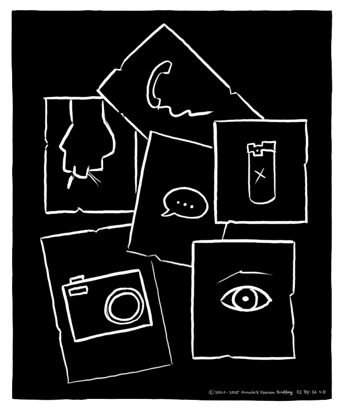 Notizzettel liegen verteilt übereinander. Auf den Notizzetteln sind Dinge wie Pfefferspray, eine Kamera, eine Sprechblase, ein Auge und eine Hand mit Schlüsseln abgebildet.