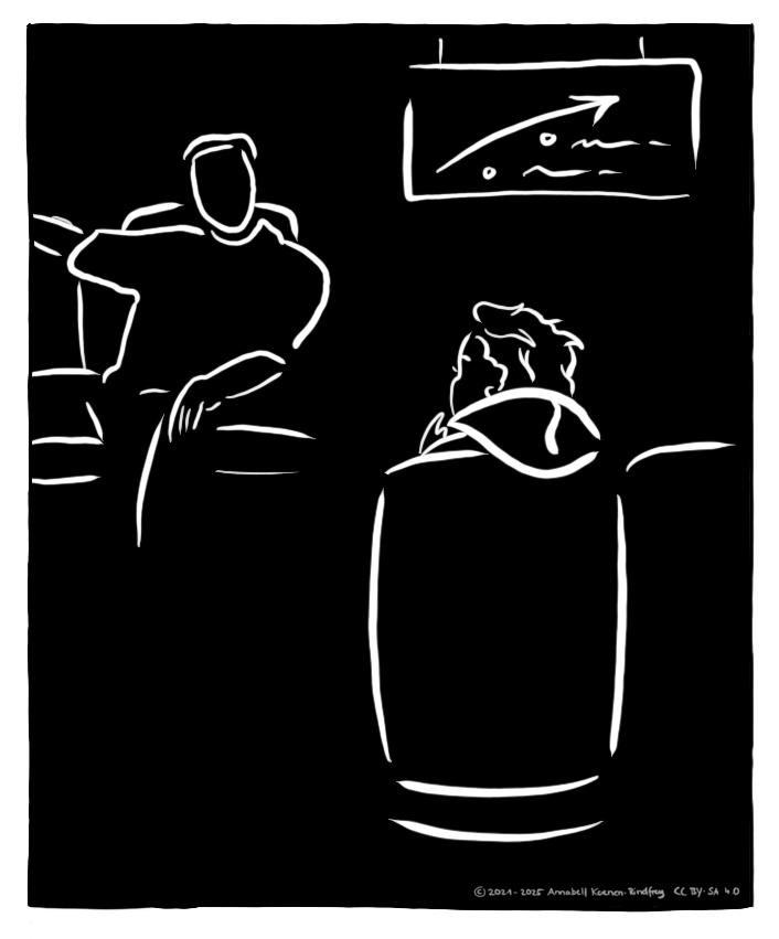 Eine Skizze zeigt eine Person, die in der U-Bahn sitzt. Eine Kapuze hängt über der Stuhllehne, die Person fasst sich ans Kinn. Ein Mann sitzt der Person gegenüber. Er sitzt breitbeinig auf dem Sitzplatz, hat einen Arm auf der Lehne ausgeweitet. Er schaut sie an und neigt den Kopf dabei. Über den beiden deutet ein Plan die nächsten Haltestellen an.