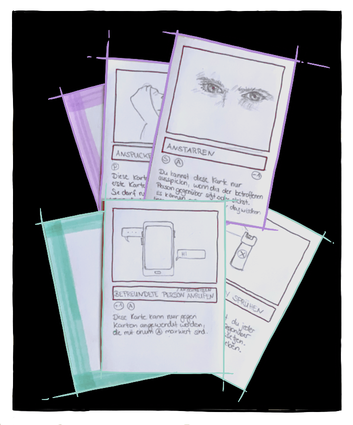 Auf einem Foto liegen Karteikarten auf einem Holzbrett. Die Karten sind mit Bleistift beschriftet und bestehen jeweils aus einem Titel, einem beschreibenden Text, einer Symbolreihe und einer Bleistiftzeichnung. Eine der Bleistiftzeichnung zeigt ein paar Augen, die starren. Ein anderes Bild zeigt ein Handy und zwei Sprechblasen.